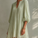 Pleated Chiffon Mini Dress with Lantern Sleeves, Light Green — view 2