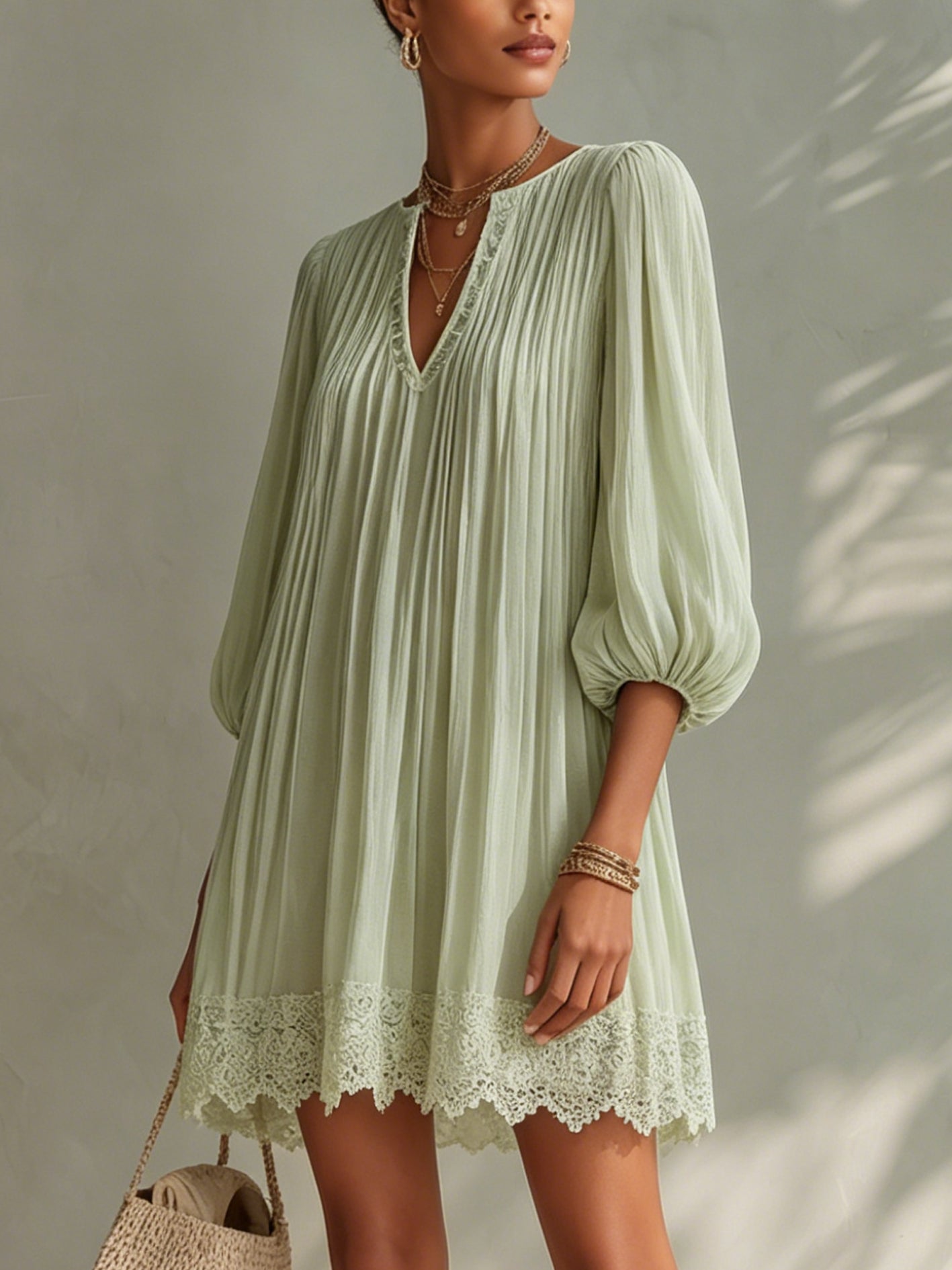 Pleated Chiffon Mini Dress with Lantern Sleeves, Light Green — view 2