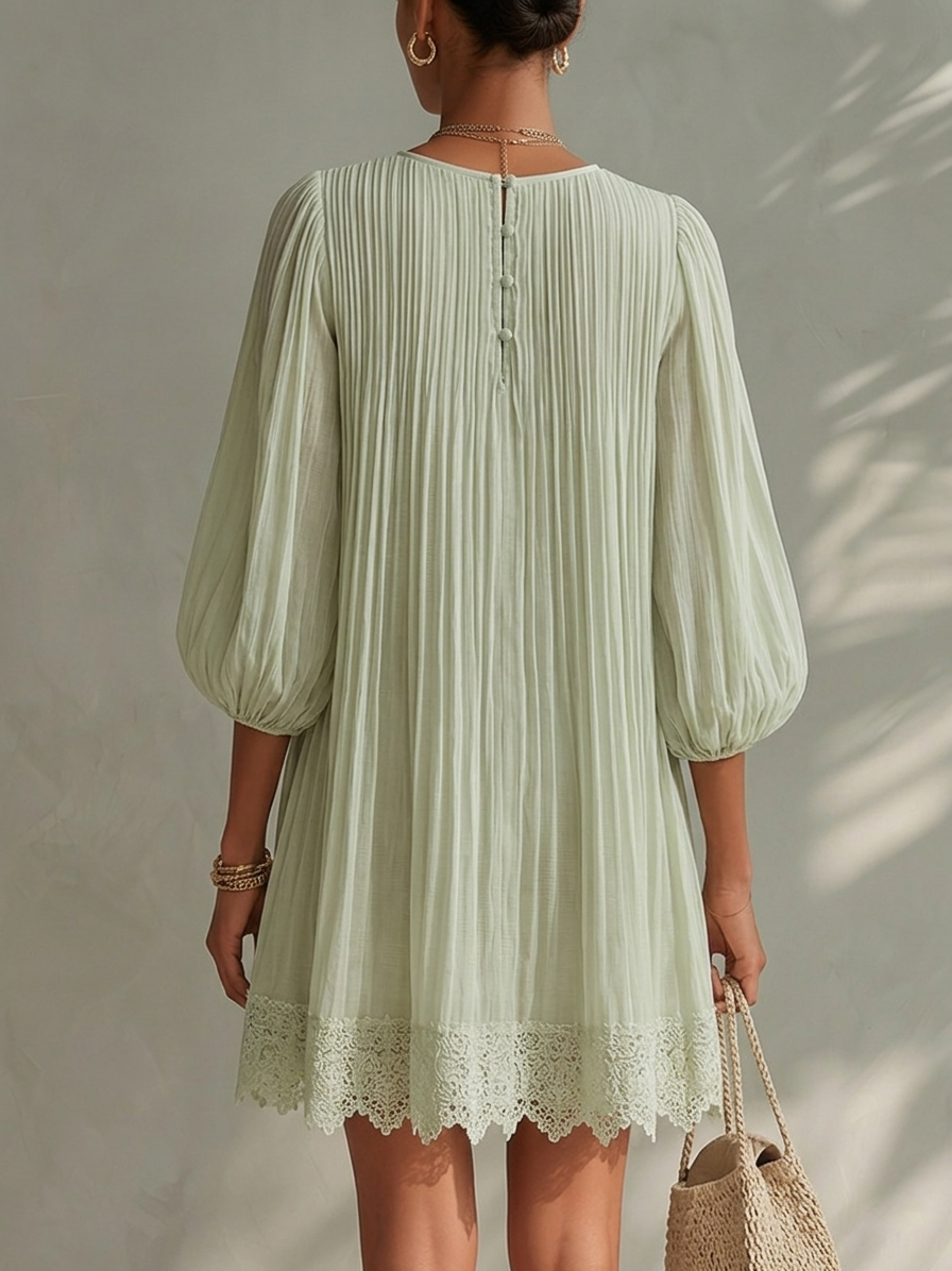 Pleated Chiffon Mini Dress with Lantern Sleeves, Light Green — view 3