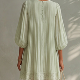 Pleated Chiffon Mini Dress with Lantern Sleeves, Light Green — view 3