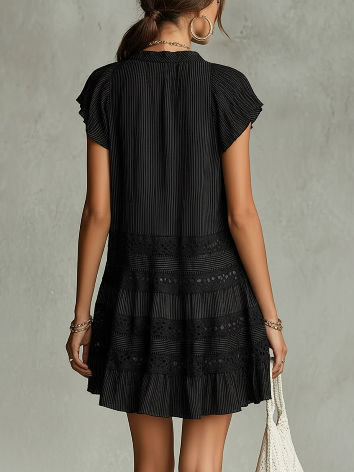 Black Chiffon Mini Dress with Lace and Stripes — view 3