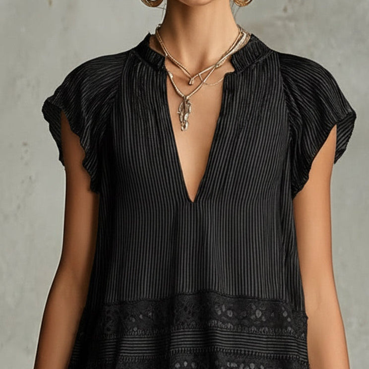 Black Chiffon Mini Dress with Lace and Stripes