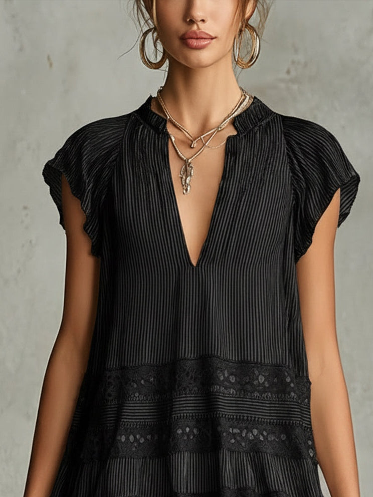 Black Chiffon Mini Dress with Lace and Stripes