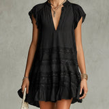Black Chiffon Mini Dress with Lace and Stripes — view 2