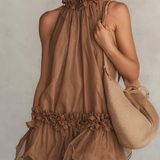 Betty | Brown Sleeveless Chiffon Mini Dress with Halter Neck and Ruffles — view 2