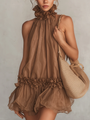 Betty | Brown Sleeveless Chiffon Mini Dress with Halter Neck and Ruffles — view 2