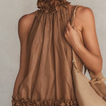 Betty | Brown Sleeveless Chiffon Mini Dress with Halter Neck and Ruffles — view 4