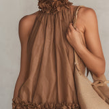 Betty | Brown Sleeveless Chiffon Mini Dress with Halter Neck and Ruffles — view 4
