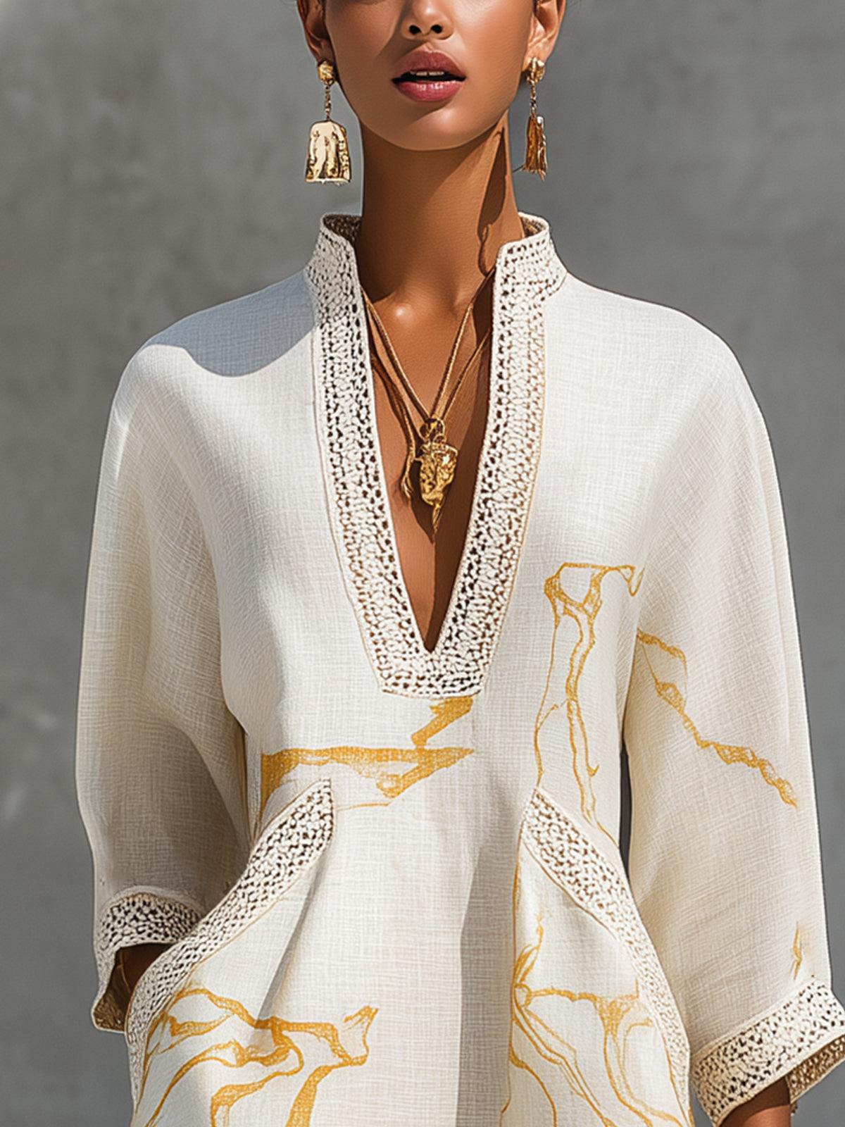 Ivory Mini Dress in Crochet Lace with Golden Pattern — view 4