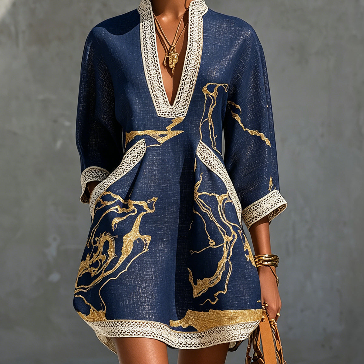Carys | Dark Blue Mini Dress in Crochet Lace with Gold Patterns and V-Neck — view 2
