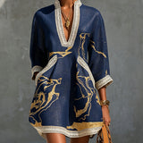 Carys | Dark Blue Mini Dress in Crochet Lace with Gold Patterns and V-Neck — view 2