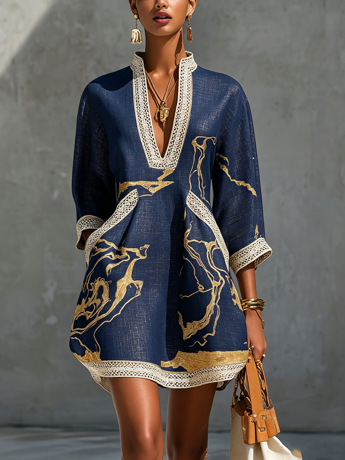 Carys | Dark Blue Mini Dress in Crochet Lace with Gold Patterns and V-Neck — view 2