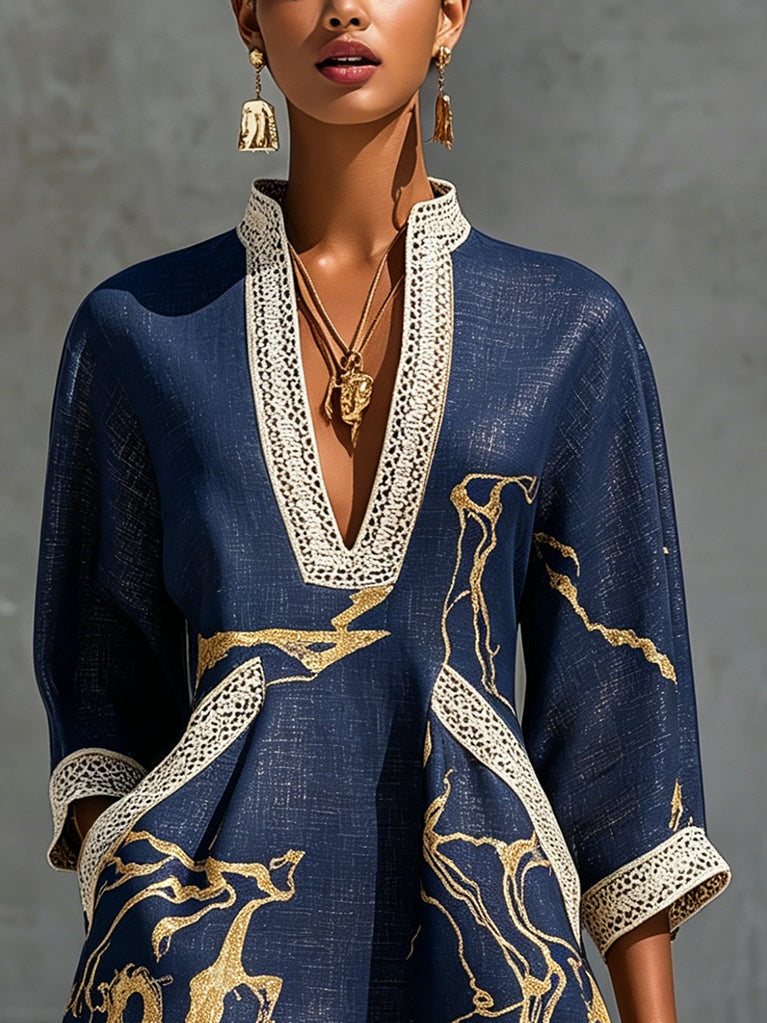Carys | Dark Blue Mini Dress in Crochet Lace with Gold Patterns and V-Neck