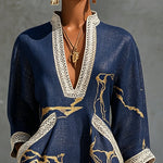 Carys | Dark Blue Mini Dress in Crochet Lace with Gold Patterns and V-Neck