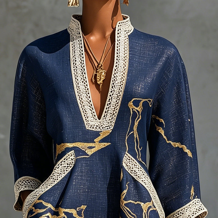 Carys | Dark Blue Mini Dress in Crochet Lace with Gold Patterns and V-Neck
