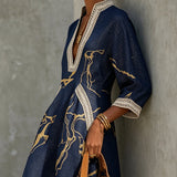 Carys | Dark Blue Mini Dress in Crochet Lace with Gold Patterns and V-Neck — view 3
