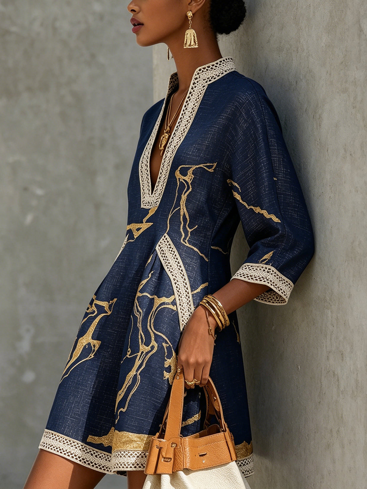 Carys | Dark Blue Mini Dress in Crochet Lace with Gold Patterns and V-Neck — view 3