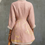 Niamh | Pink Crochet Lace Mini Dress with Gold Patterns and V-Neck — view 3