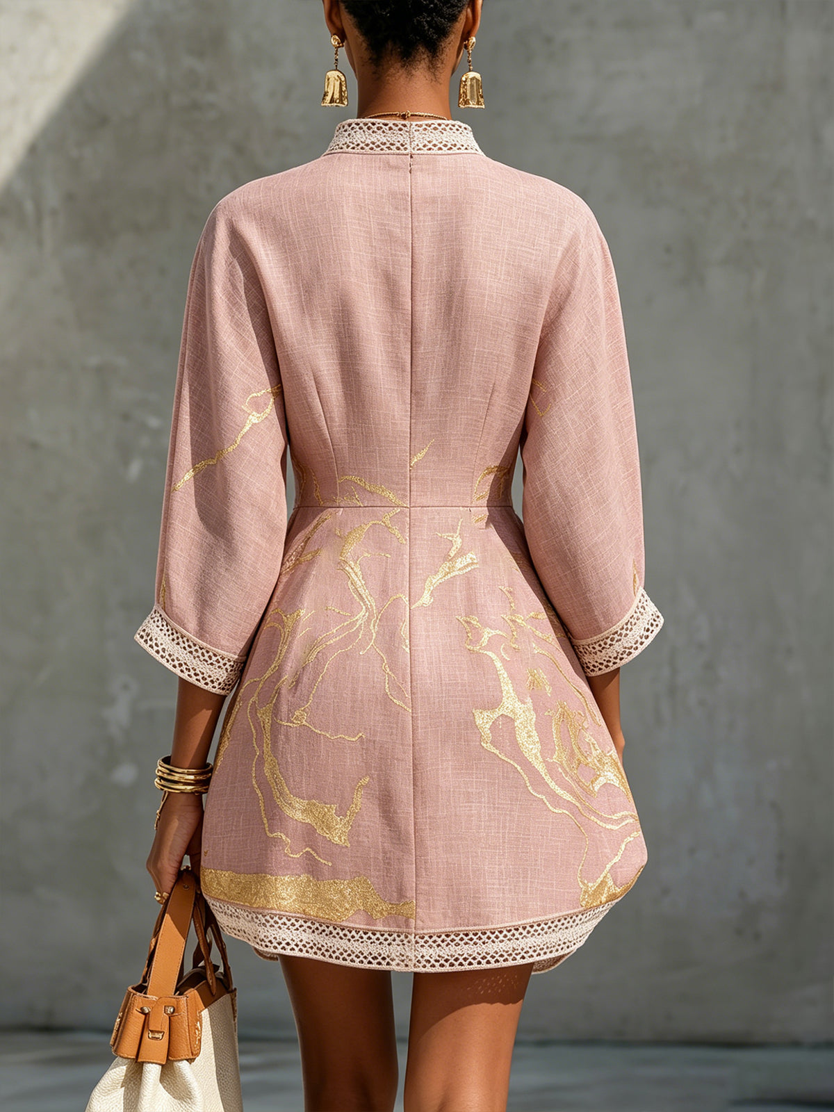 Niamh | Pink Crochet Lace Mini Dress with Gold Patterns and V-Neck — view 3