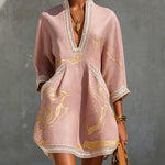 Niamh | Pink Crochet Lace Mini Dress with Gold Patterns and V-Neck — view 2