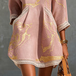 Niamh | Pink Crochet Lace Mini Dress with Gold Patterns and V-Neck — view 4