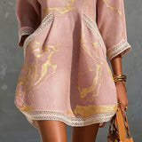 Niamh | Pink Crochet Lace Mini Dress with Gold Patterns and V-Neck — view 4