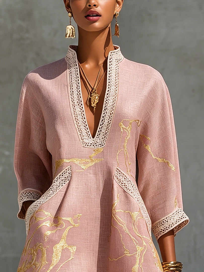 Niamh | Pink Crochet Lace Mini Dress with Gold Patterns and V-Neck
