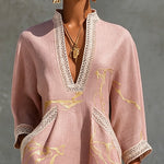 Niamh | Pink Crochet Lace Mini Dress with Gold Patterns and V-Neck