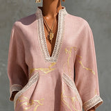 Niamh | Pink Crochet Lace Mini Dress with Gold Patterns and V-Neck