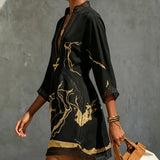 Leonie | Black Mini Dress in Crochet Lace with Gold Patterns and V-Neck — view 3