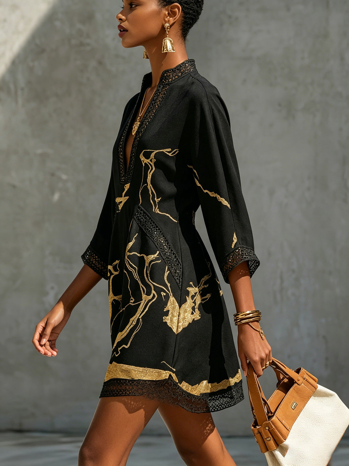 Leonie | Black Mini Dress in Crochet Lace with Gold Patterns and V-Neck — view 3
