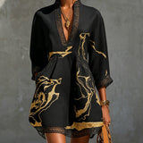 Leonie | Black Mini Dress in Crochet Lace with Gold Patterns and V-Neck — view 2
