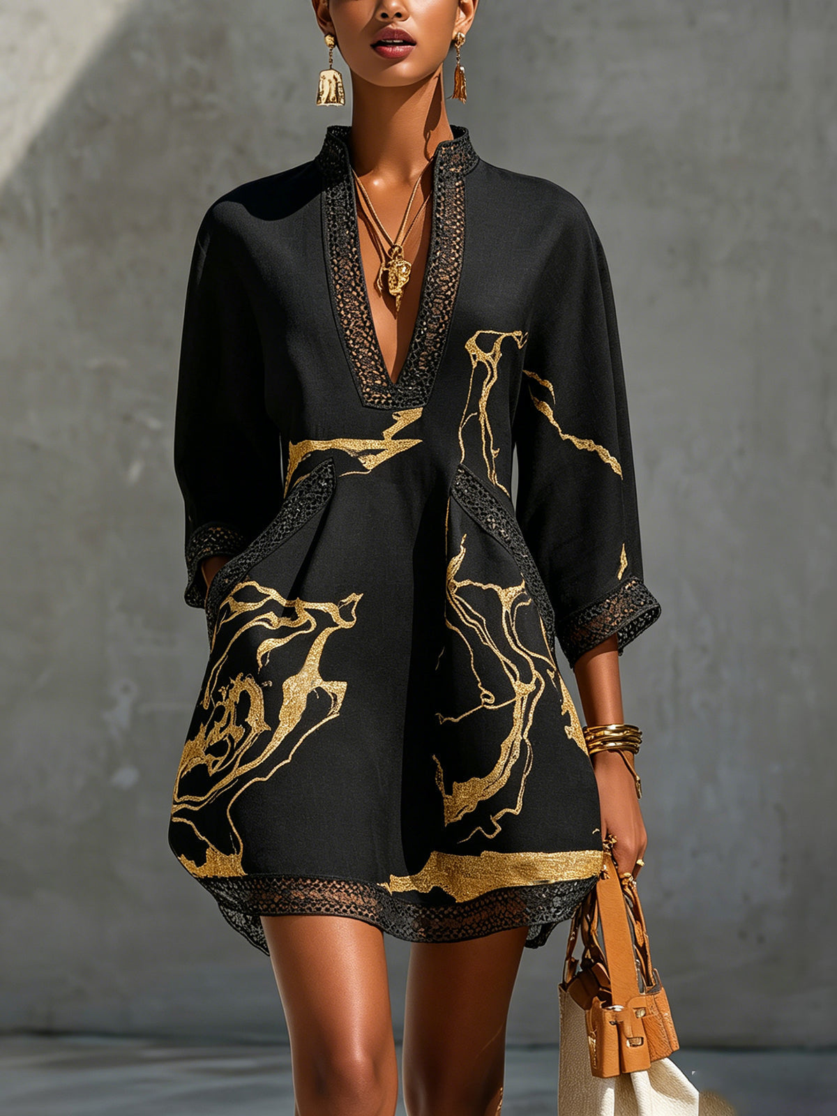 Leonie | Black Mini Dress in Crochet Lace with Gold Patterns and V-Neck — view 2