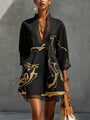 Leonie | Black Mini Dress in Crochet Lace with Gold Patterns and V-Neck — view 2