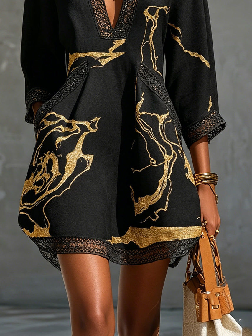 Leonie | Black Mini Dress in Crochet Lace with Gold Patterns and V-Neck — view 4
