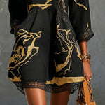 Leonie | Black Mini Dress in Crochet Lace with Gold Patterns and V-Neck — view 4