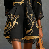 Leonie | Black Mini Dress in Crochet Lace with Gold Patterns and V-Neck — view 4