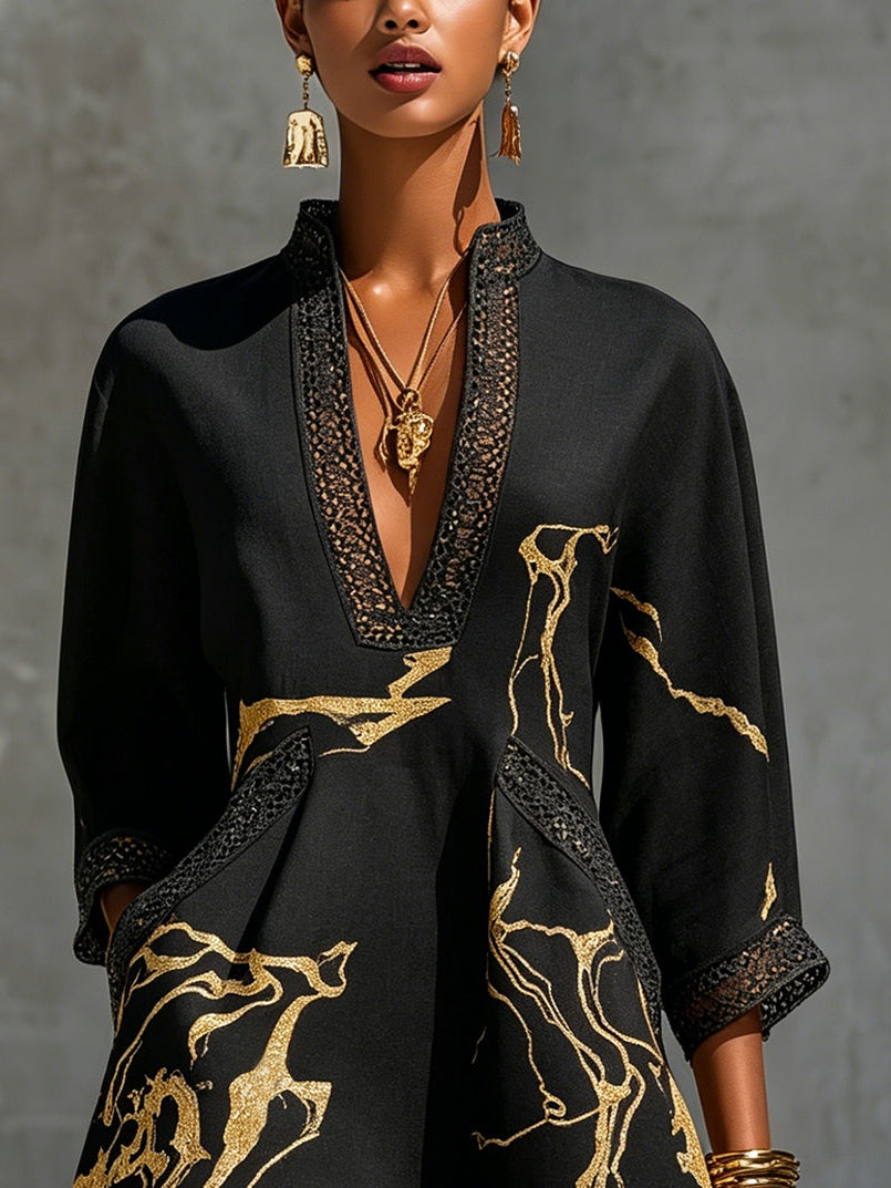 Black Mini Dress in Crochet Lace with Golden Pattern