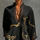 Black Mini Dress in Crochet Lace with Golden Pattern