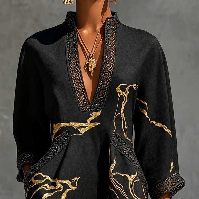 Black Mini Dress in Crochet Lace with Golden Pattern