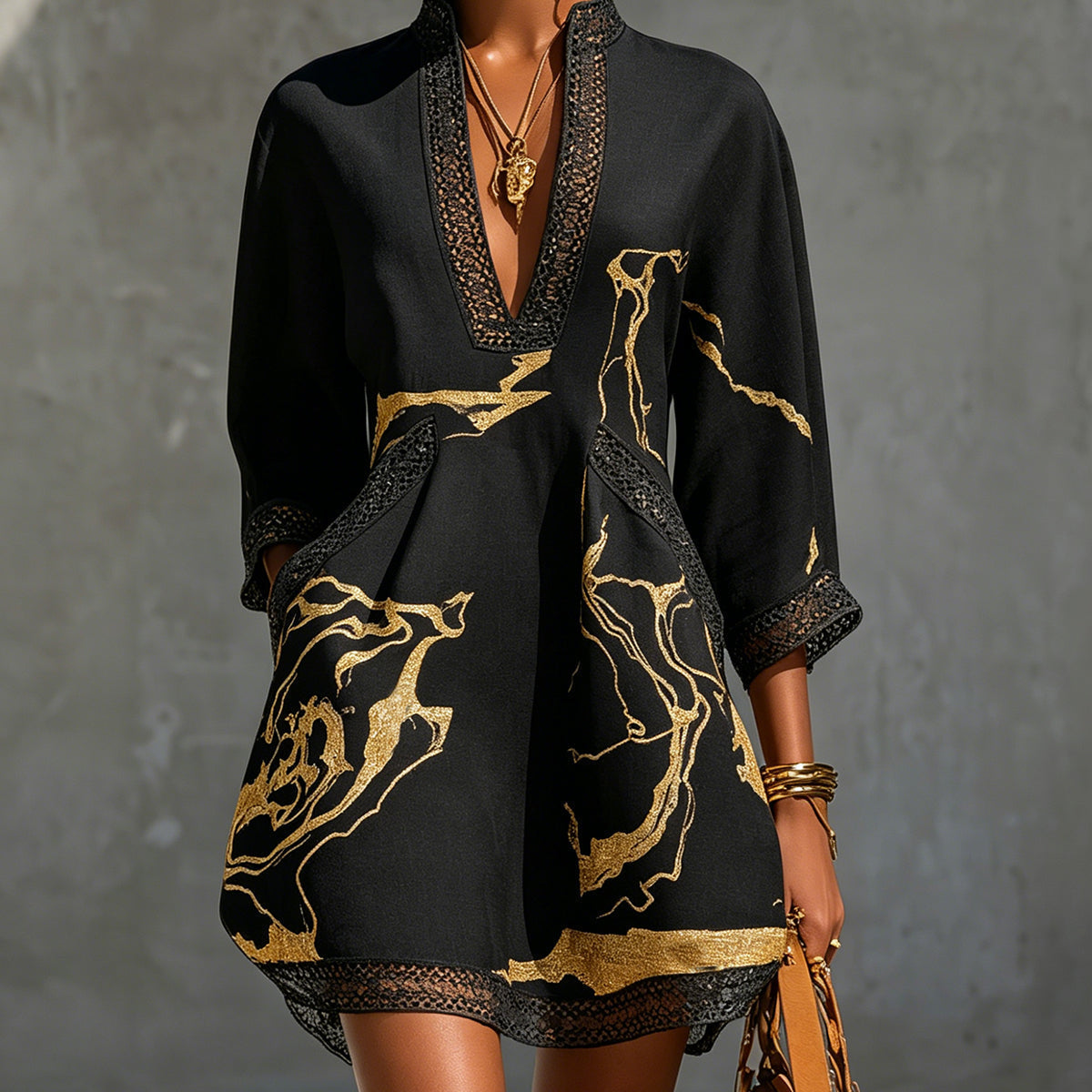 Black Mini Dress in Crochet Lace with Golden Pattern — view 2
