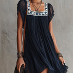 Navy Blue Pleated Chiffon Mini Dress with Floral Embroidery