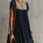 Navy Blue Pleated Chiffon Mini Dress with Floral Embroidery — view 2