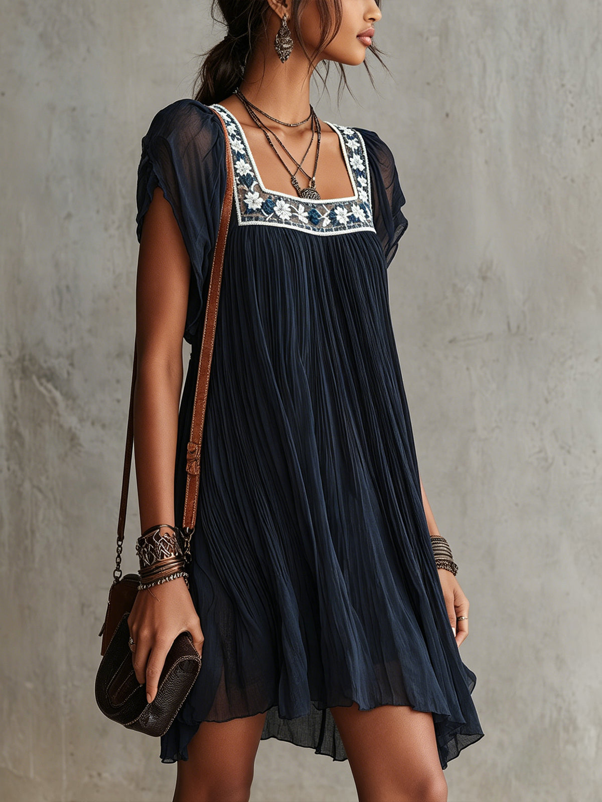 Navy Blue Pleated Chiffon Mini Dress with Floral Embroidery — view 2