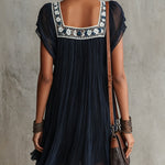 Navy Blue Pleated Chiffon Mini Dress with Floral Embroidery — view 3