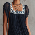 Navy Blue Pleated Chiffon Mini Dress with Floral Embroidery — view 4