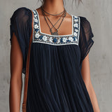 Navy Blue Pleated Chiffon Mini Dress with Floral Embroidery — view 4