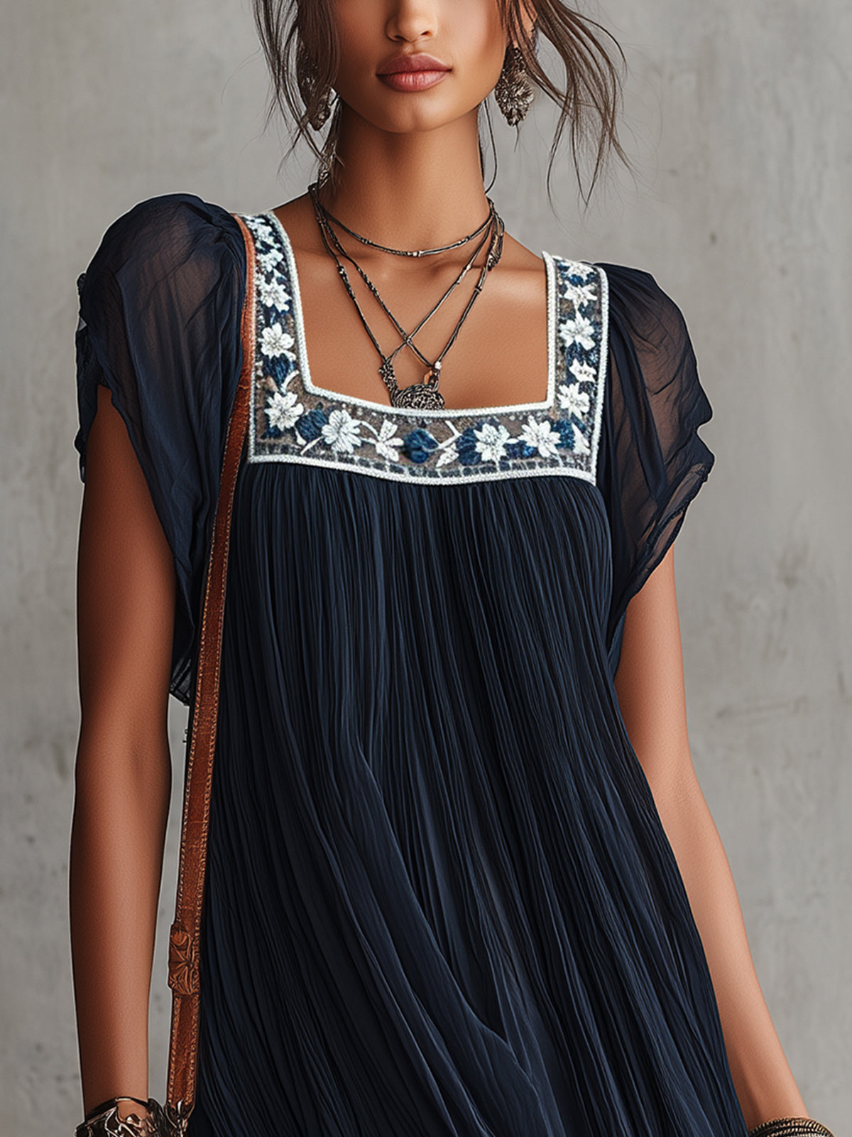 Navy Blue Pleated Chiffon Mini Dress with Floral Embroidery — view 4