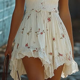 White Floral Print Bohemian Mini Dress with Thin Straps — view 4