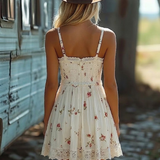 White Floral Print Bohemian Mini Dress with Thin Straps